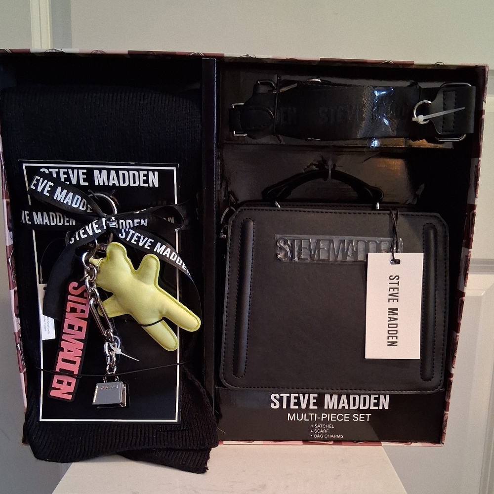 Steve Madden Multi Piece Satchel, Scarf, Purse Charms, Black